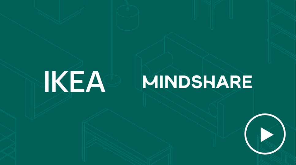 Green graphic with white text for "IKEA" and "Mindshare" with a video play button in the corner